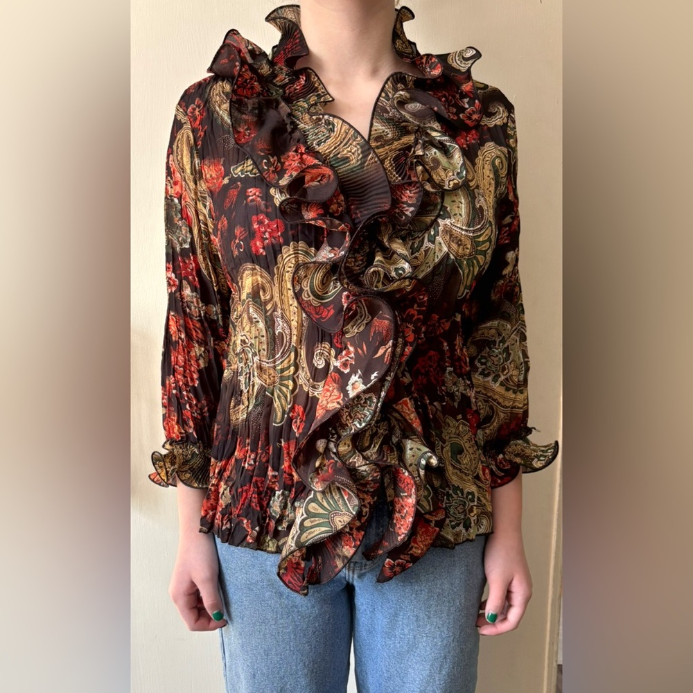 Vintage 90s Laura Petites Ruffled Button Front Pleated Floral and Paisley Blouse - Picture 8 of 15